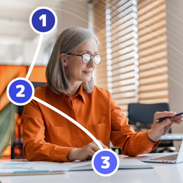 Woman wearing bright orange shirt working in an office. Overlay illustration demonstrating 3 easy steps to Generative Artificial Intelligence with Elevate GenAI